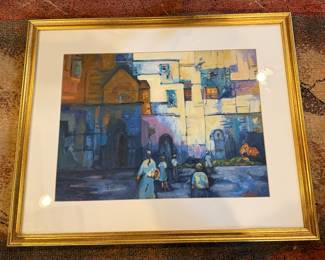 Framed Original Painting by V. Kell Hixson – Chattanooga Artist
Original signed painting by Chattanooga artist V. Kell Hixson, originally sold through the In-Town Gallery. This expressive architectural scene features stylized figures and layered geometric buildings rendered in rich blues, ochres, and soft pastels, reflecting a modern impressionistic style. Professionally matted and framed in a classic gold frame, ready for display. A wonderful example of regional Tennessee artwork with local gallery provenance.