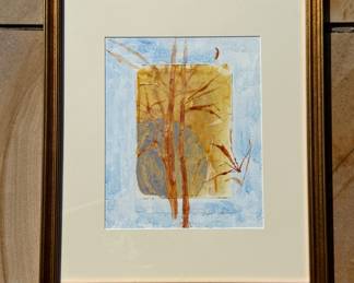 Original mixed-media artwork by Jeanne Rudisill, titled “B.C.”, executed in acrylic and watercolor. This thoughtfully composed abstract landscape blends organic forms with soft washes of color, reflecting the artist’s interest in nature, movement, and layered texture. The piece features warm earth tones contrasted with cool atmospheric blues, creating a tranquil, contemporary aesthetic well suited for modern or transitional interiors.
Professionally framed under Tru Vue conservation glass by Art Creations, helping preserve color integrity and protect the work over time.