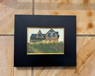 Original oil on board painting titled House on the Hill by Melissa Hefferlin of Frenchboro, Maine. Charming coastal cottage landscape, professionally framed and ready to display. A wonderful estate find for collectors of Maine and New England regional art and classic countryside déco