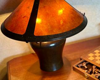 Mica Lamp Co. “Coppersmith” copper table lamp featuring warm amber mica shade panels and hand-hammered copper base. Classic Arts & Crafts / Mission style lighting with rich patina and cozy glow — perfect for Craftsman, lodge, or rustic interiors.