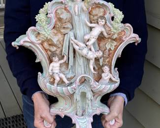 Dresden porcelain rococo sculpture of cherubs playing in a grotto with waterfall