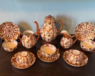Antique Meiji period Japanese Kutani porcelain tea service, egg shell porcelain cups, all hand-painted butterfly pattern