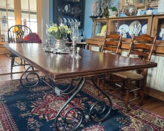 Vintage Theodore Alexander Spanish farmhouse dining table, solid oak & wrought iron base (detachable)