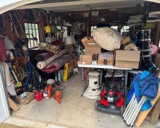 Full garage, Husqvarna chainsaw & blower, mower, tools, and more