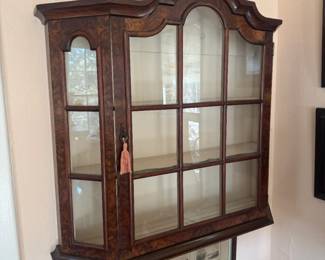 Antique Dutch burl walnut wall-hanging display cabinet