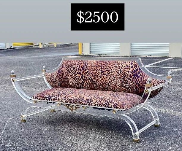 Great Hollywood Regency Brass & acrylic sofa w/ Leopard print upholstery 
