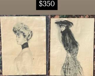 2 unframed & signed Paul Cesar Helleu Drypoints - Each 15.5” x 11.5”