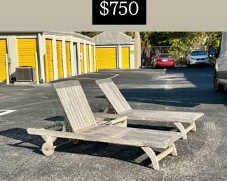 Pr of Kingsley Bates Teak wood Chaise loungers & Side table 