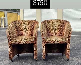 Vintage Leopard Print Tub chairs on castors. Ex Cond.