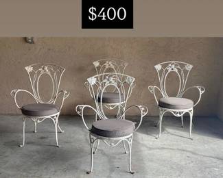 4 John Salterini Rolled Arm Wrought Iron chairs