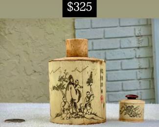 Antique Carved Bone Tea Caddy - 4.5” H