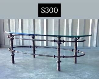 Distressed Diagonal Giacometti style glass top coffee table