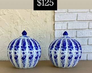 Modern Chinese Blue & White lidded pots. 10”H x 10”W