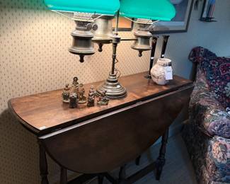 Antique Brass Student Lamp, Folding Side Table