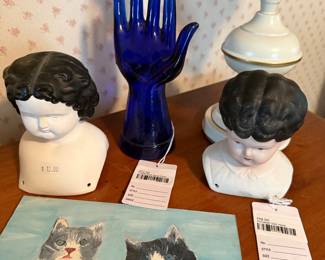 Porcelain Doll Head, Cobalt Blue Glass Hand