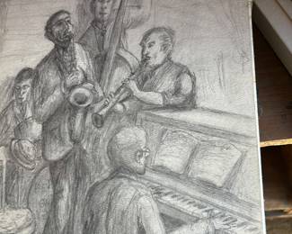 Eugene Daymude, "1982 Jam Session",  pencil drawing, signed upper right