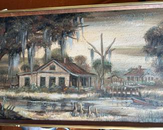 Louisiana swamp scene-- signed with 3 cabins