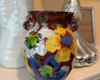 Italian Pre Modern Bitossi Red Floral Hand Painted Pottery Vase
