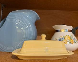 Fiesta Ware Homer Laughlin Periwinkle Blue Disc Pitcher, Fiesta Ware Homer Laughlin Yellow Covered Butter Dish, Corning Ware "Lancaster Rose" Teapot