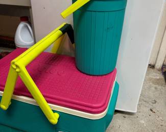 1990s Igloo "Picnic Basket" Teal,Pink & Yellow Cooler & Matching Water Jug