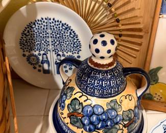 Bolesawiec Blue Rose Polish&nbsp;Pottery Cheese Lady with Grapes Pattern