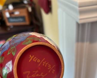 Italian Pre Modern Bitossi Red Floral Hand Painted Pottery Vase