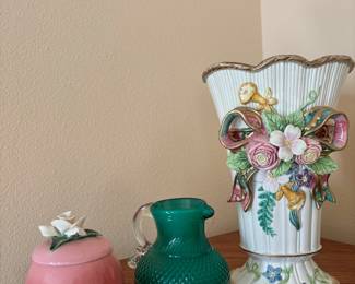 Teal Blown Glass Creamer Pitcher, Fitz and Floyd Woodland Spring Floral Vase