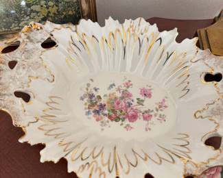 Victorian Porcelain Floral Centerpiece Bowl with Gold Luster 