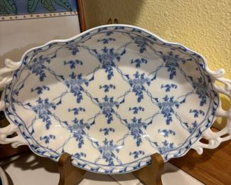 Skye McGhie Blue Rose Brocade Porcelain Oval Serving Bowl