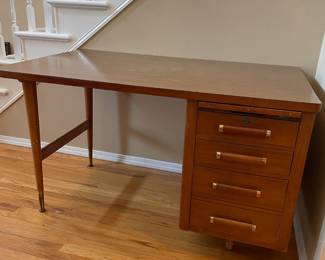 Mid Century Walnut Tapered Leg Desk with Brass Accents
