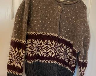 1990s Eddie Bauer 100% Wool Brown Fair Isle Nordic Pattern Cardigan Sweater – Size Large