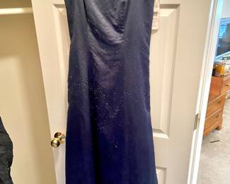 Circa 1990s Chelsea Niles Navy Blue Spaghetti Strap Beaded Evening Gown – Size 8