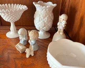 Hobnail Milk Glass Pedestal Compote, Hobnail Milk Glass  Footed Candy Dish, Milk Glass  Old Quilt Pattern Vase 