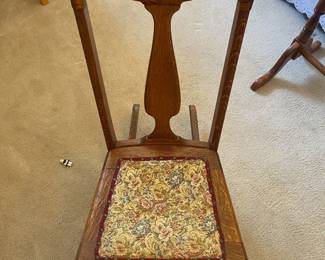 Early 20th Century Oak T-Back Rocking Chair with Floral Embroidered Seat