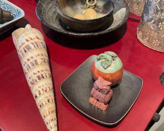 Carved Cow Horn Bowl, Marlinspike Auger Seashell