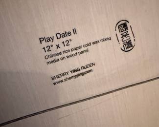 Framed 12 x 12 "Play Date II" Chinese Rice Paper Cold Wax Mixed Media on Wood Panel