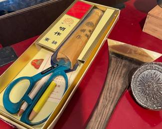 Tobasami Japanese Dressmaker's/Tailor's Shears, Japanese Shamisen Bachi Pick, Circa 1890s Hemacite Door Knob