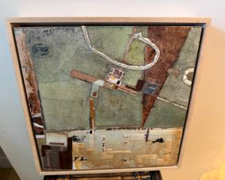 Framed 12 x 12 "Play Date II" Chinese Rice Paper Cold Wax Mixed Media on Wood Panel