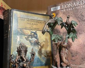 1933 The Mysterious Island Scribners by Jules Verne, Ganesa Bronze Tone Figurine, Radha Krishna with Tree Bronze Tone Figurine