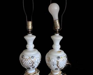Milk glass hand painted lamp set