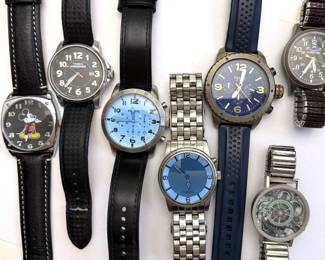 Authentic Disney Parks Mickey Mouse Watch, Timex Expedition Metal Field 40mm Watch,  Fossil Pilot 54 Chronograph Watch, Fossil Big Tic Stainless Steel Watch, Fossil DE-5011 Blue Dial Chronograph Watch, The Unemployed Philosophers Guild Charlie Chaplin Watch,  Timex Expedition Scout Watch