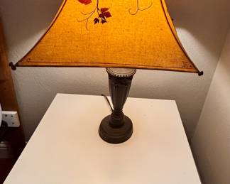 Signed Arts & Crafts Style Table Lamp with Autumn Leaf Motif Shade, Pair of Ikea Lunnarp White 2-Tier Side Tables