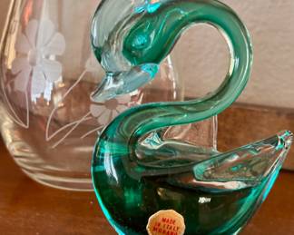 Murano Teal Blown Glass Swan Figurine