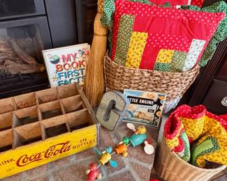 1960s Yellow Wooden Coca-Cola Bottle Carrier Crate, 1960s Fisher Price Duck Pull Toy