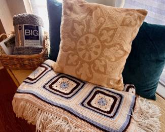 White, Blue & Brown Granny Square Crochet Afghan Blanket
