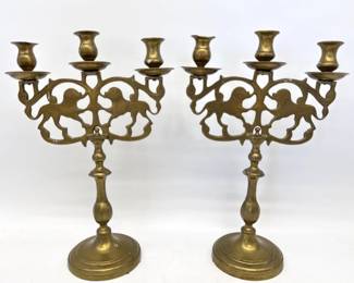 Pair of vintage solid brass Lion of Judah three arm candleabras