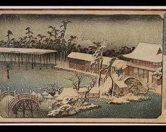 Framed Hiroshige print "Snow in the Precincts of the Teneman Shrine at Kameido"