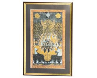 Hindu hand painted and block printed with gold framed ceremonial fabric panel