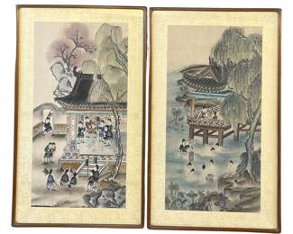 Pair of framed Korean watercolor on fabric scenic panels; sold 2x the money