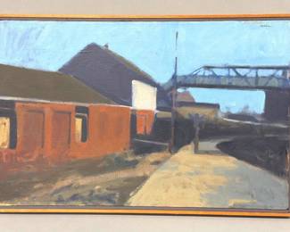 Framed original oil on canvas of Staunton train station by Frank Hobbs